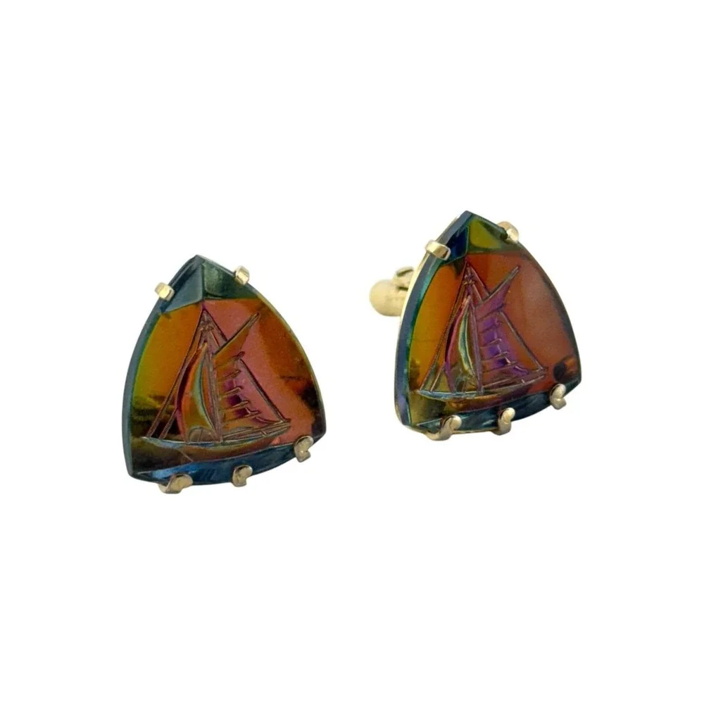 Swank Sailing Ship Intaglio Glass Cufflinks Multicolor Iridescent Vintage